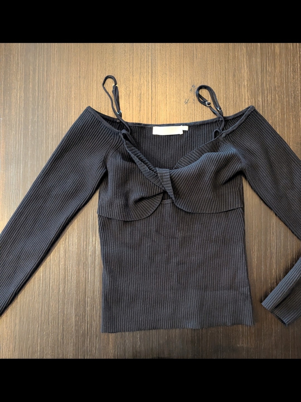 Astr Black Ribbed Off-Shoulder Long Sleeve Top with Spaghetti Straps